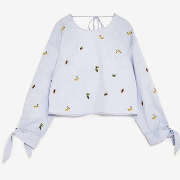 Zara Chambray Light Blue Open Back Embroidered Fruit Shirt Women’s Size Small - Picture 5 of 10